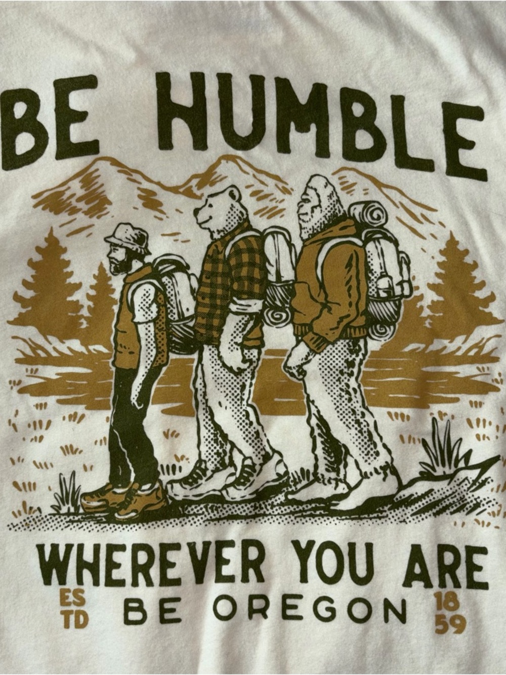 Be Oregon Graphic Tee - White with Olive & Brown Artwork